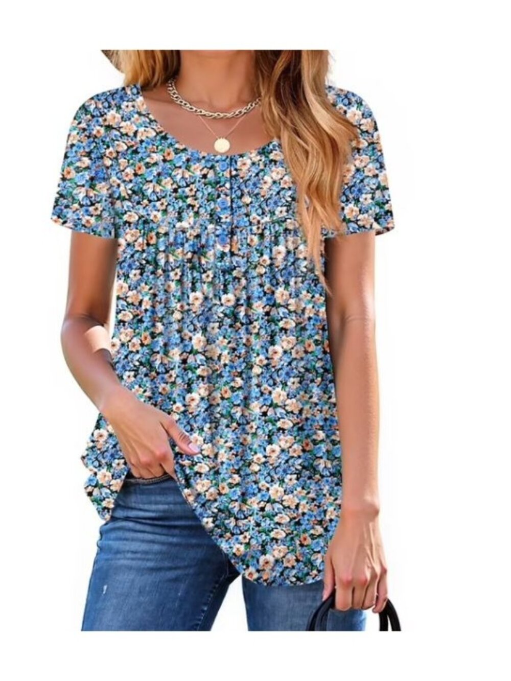 Women’s XL Blue Floral Blouse Short Sleeve Scoop Neck Flowy Casual Summer Top